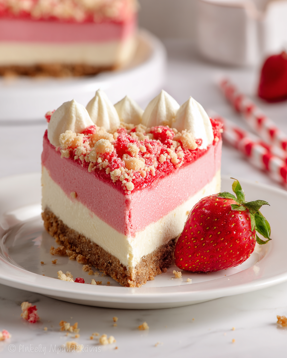 A slice of pink and white layered cheesecake sits on a white plate, with a crumbly brown crust at the bottom, a thick creamy white layer above it, and a smooth pink layer on top. The top pink layer is covered with crunchy red and beige crumbs, and fluffy white dollops line the back edge. A shiny, fresh red strawberry with green leaves rests next to the cheesecake on the plate. The plate is on a white marbled surface with some crumbs scattered around and blurred background elements, including another slice of cake and some red and white striped straws. Photo taken with an iphone --ar 4:5 --v 7