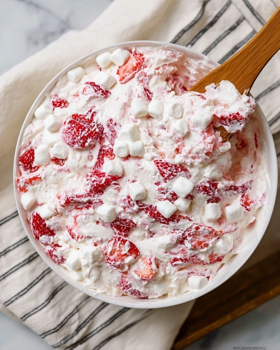 A close-up view of a white bowl filled with a creamy mixture that has three visible layers blended together: the top and bottom layers consist of small white marshmallows scattered evenly, the middle layer contains vivid red strawberry slices that are mixed in with the marshmallows, giving a textured, juicy look, and the entire mixture is coated with a smooth, white creamy substance that holds everything together. A wooden spatula is partially immersed in the bowl from the upper left side, lifting some of the creamy mix. The bowl sits on a soft white cloth with a simple black stripe pattern on a white marbled surface. Photo taken with an iphone --ar 4:5 --v 7