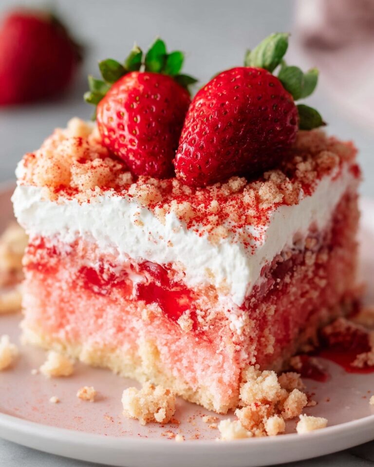 Strawberry Poke Cake with Strawberry Jello, Cookie Crumble, and Fresh Strawberries Recipe