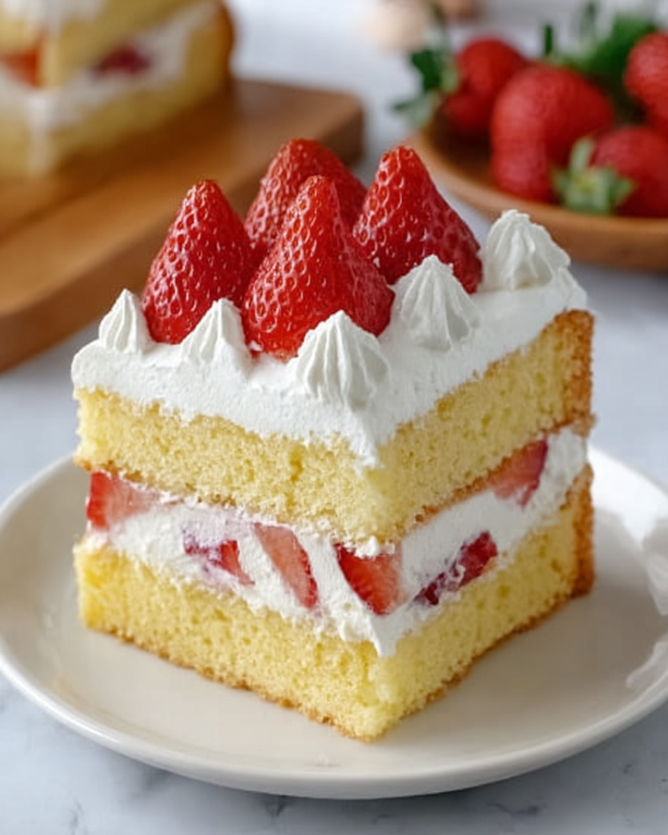 A slice of layered cake on a white plate is shown. The cake has three layers of soft yellow sponge. Between the bottom and middle sponge layers, there is a thick layer of white cream with whole strawberry pieces embedded inside. The top sponge layer is covered with a thick layer of white cream, with small peaks of cream around the edges. Fresh sliced strawberries stand up in a row on top of the cream. The background shows a white marbled surface with strawberries and a wooden board blurred in the back. Photo taken with an iphone --ar 4:5 --v 7