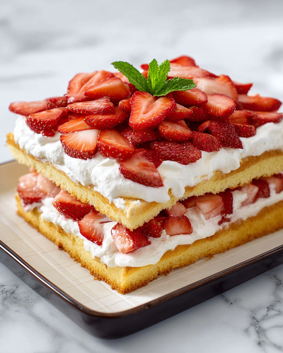 A two-layered rectangular strawberry shortcake sits on a white plate with dark edges, placed on a white marbled surface. The bottom layer is a light golden sponge cake with visible soft texture, topped with a thick layer of white whipped cream and sliced bright red strawberries arranged evenly. The top sponge cake layer, slightly thicker, holds another generous spread of whipped cream that looks fluffy and soft, crowned by a dense pile of vibrant sliced strawberries with a fresh green mint leaf in the center for garnish. The light shines softly on the cake, highlighting the fresh fruit and creamy texture. Photo taken with an iphone --ar 4:5 --v 7