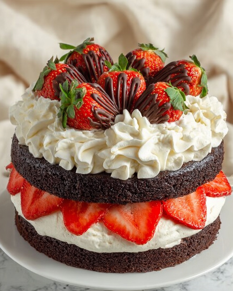 The image shows a two-layer chocolate cake on a white plate, set on a white marbled surface. The bottom layer is dark brown and dense, topped with white whipped cream swirls spread evenly, and a ring of sliced red strawberries placed on the edge of the cream. The second dark chocolate layer sits on top, with more white whipped cream arranged in rosettes covering the top, and slices of strawberries peeking out from under the cream around the edge. Three whole strawberries, each decorated with chocolate drizzle, are centered on the cake, with green leaves on the strawberries adding a fresh touch. The background is soft beige fabric. Photo taken with an iphone --ar 4:5 --v 7