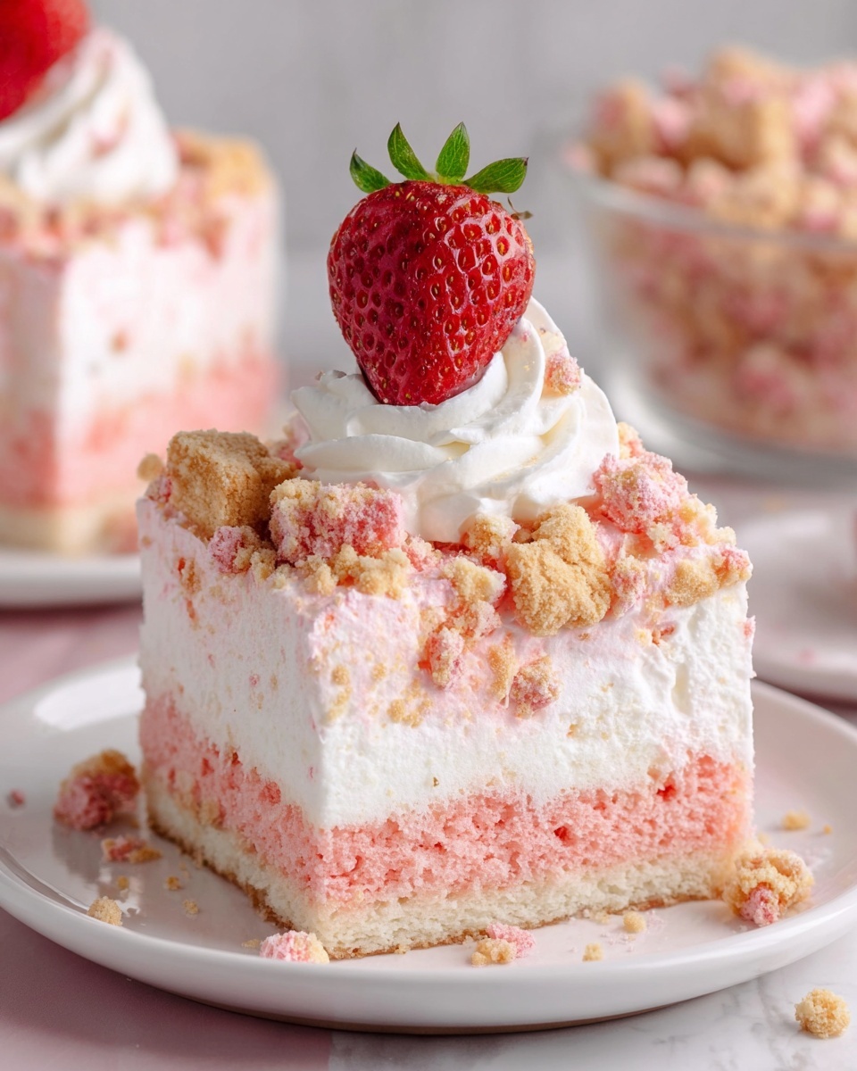The image shows a square piece of soft, light pink and white layered cake on a white plate with a white marbled texture under it. The cake has three visible layers: a bottom layer of very light pink sponge, a thick middle layer of white cream mixed with light pink sponge, and a top layer of white whipped cream with crumbled pink and beige cookie pieces sprinkled all over. The cake is topped with a swirl of whipped cream and a fresh half strawberry with green leaves, standing upright on the cream. There are some cake crumbs scattered around the plate. In the blurry background, there is another slice of the same cake and a glass bowl with similar crumbles and cream. photo taken with an iphone --ar 4:5 --v 7