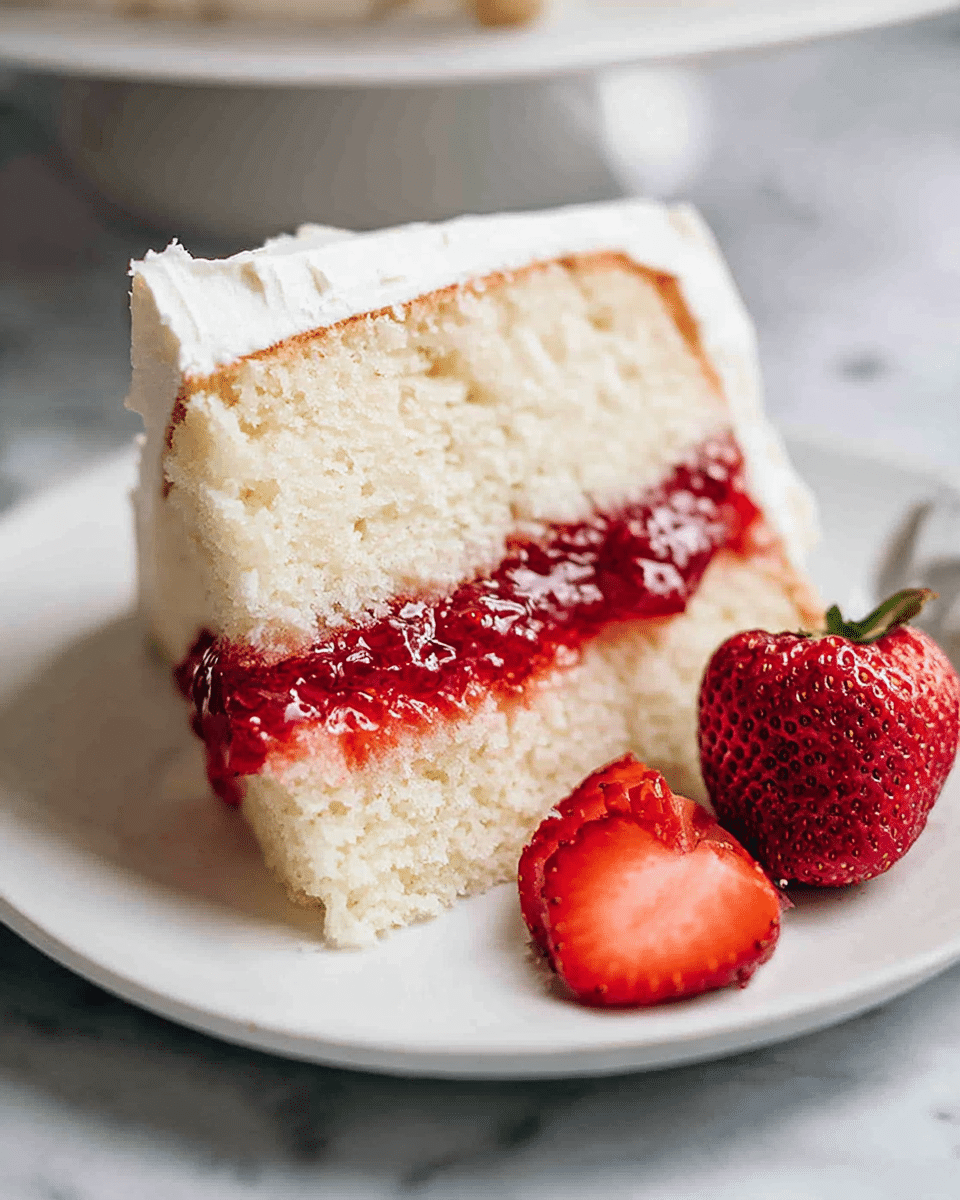 A slice of two-layer white cake with a soft, fluffy texture is served on a white plate. Between the layers, there is a thick spread of bright red strawberry jam that looks slightly chunky. The top of the slice is covered with a smooth white frosting. On the plate, close to the cake, there are a few halved fresh strawberries with juicy red flesh and green seeds. The scene is set on a white marbled surface, giving a clean and fresh look. Photo taken with an iphone --ar 4:5 --v 7