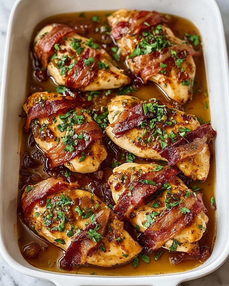 The dish shows six golden-brown cooked chicken breasts arranged in a white ceramic baking dish, each topped with two to three crispy red-brown bacon strips. The chicken pieces have a shiny glaze with a light brown sauce pooling around them at the bottom of the dish. Chopped green herbs are sprinkled on top, adding a fresh color contrast. The white baking dish is placed on a white marbled surface. photo taken with an iphone --ar 4:5 --v 7