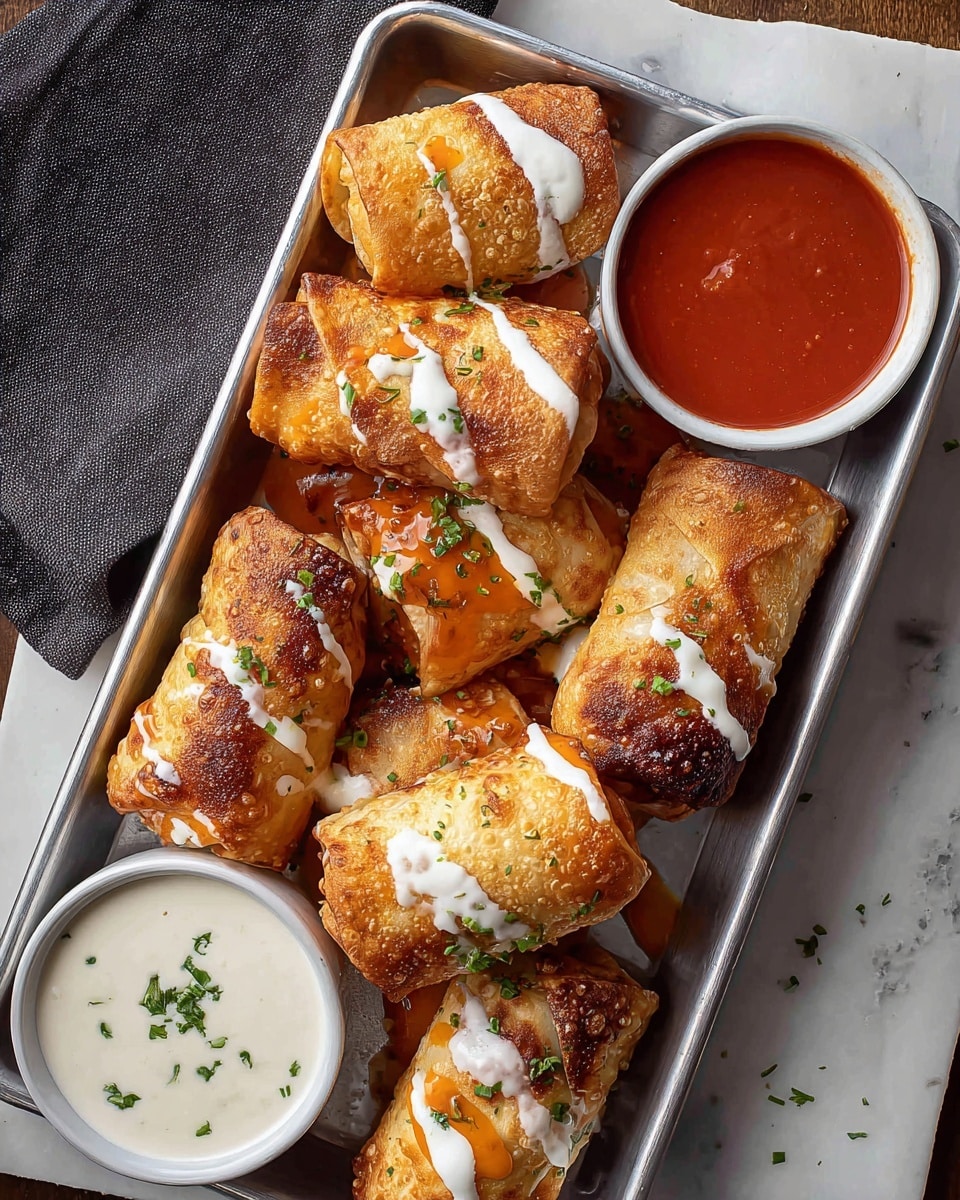 A white metal rectangular tray holds seven golden brown fried rolls arranged in a casual pile, each roll showing a crispy, bubbled texture with some darker toasted spots. Bright orange sauce is drizzled over the rolls in thin lines, mixed with white creamy sauce drizzled more thickly over the top. Small green herb pieces are sprinkled evenly across the rolls and sauce. In the tray’s top right, there is a white bowl filled with smooth red dipping sauce, and in the bottom left corner a white bowl holds a creamy some-what thick white dipping sauce, both garnished with small green herbs. The whole scene rests on a white marbled surface with a folded dark cloth nearby. photo taken with an iphone --ar 4:5 --v 7