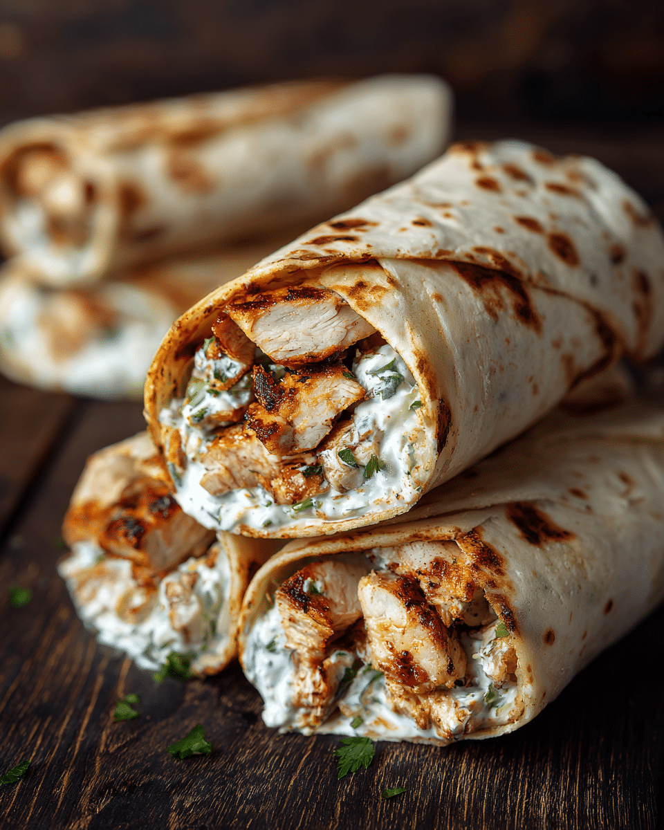 A close-up view of a rolled wrap cut to show the filling inside, which has three layers: the outer layer is a lightly toasted, soft white flatbread with golden brown spots; the middle layer is a creamy white sauce covering the filling; and the inner layer consists of grilled pieces of chicken with a golden brown sear and some green herbs mixed in. The wrap is placed on a dark wooden surface with another wrap blurred in the background. photo taken with an iphone --ar 4:5 --v 7