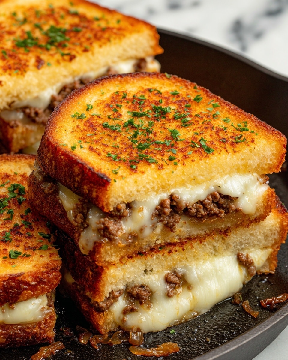 The image shows a close-up of three square grilled sandwiches on a black pan, each sandwich consisting of three visible layers. The top layer is a golden-brown toasted bread slice with a slightly crispy and textured surface, sprinkled with finely chopped green herbs. The middle layer is melted white cheese that oozes out slightly, glossy and smooth in texture. The bottom layer is a mix of cooked minced beef, brown and crumbly in appearance, combined with cooked translucent onion slices that peek from beneath the cheese. The sandwiches are placed on a black pan with some bits of cooked onion and beef around. The background is out of focus but appears white marbled texture. photo taken with an iphone --ar 4:5 --v 7