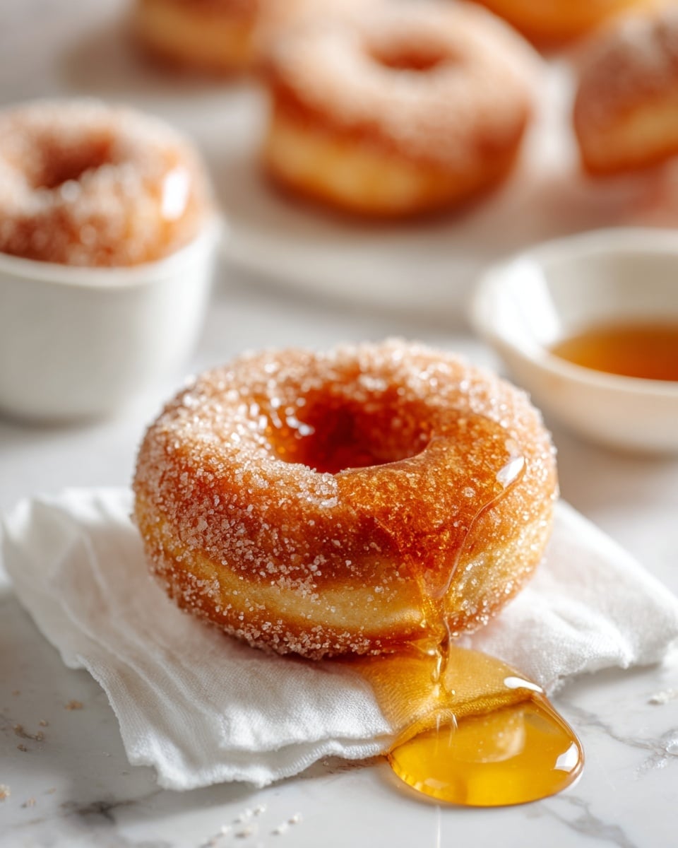 The image shows a close-up view of a sugar-coated donut with a golden-brown color and a rough texture from the sugar crystals. The donut sits on a small white cloth on a white marbled surface. Clear golden honey is dripping thickly from the bottom right side of the donut, pooling slightly on the cloth. In the blurred background, there are other donuts and a small white bowl filled with honey or syrup. photo taken with an iphone --ar 4:5 --v 7