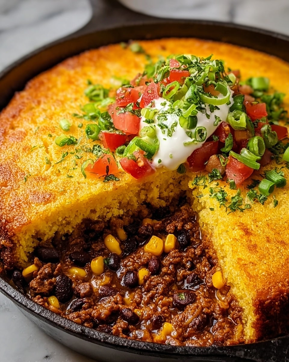 The image shows a skillet with a two-layer dish. The bottom layer is dark brown ground meat mixed with black beans and yellow corn, looking rich and saucy. The top layer is thick and golden-yellow cornbread with a slightly crispy edge. In the center, there is a scoop of white sour cream topped with chopped bright green spring onions and red diced tomatoes, sprinkled with green herbs, adding fresh color. A piece of the cornbread layer is cut out, revealing the filling below. The skillet rests on a white marbled surface. Photo taken with an iphone --ar 4:5 --v 7