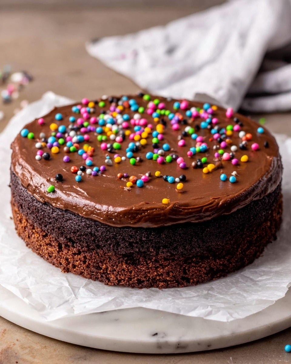 A round two-layer chocolate cake sits on a white marble textured surface, placed on a piece of white parchment paper that rests on a white plate. The bottom layer is a dark chocolate base with a rough texture, while the top layer is a lighter, dense chocolate cake with a smooth, glossy chocolate frosting spread evenly over it. The frosting is decorated with small, round, colorful candy sprinkles scattered across the surface, adding bright pops of pink, blue, green, yellow, orange, black, and purple. The background includes a soft, blurred white and gray cloth in the upper right corner. photo taken with an iphone --ar 4:5 --v 7
