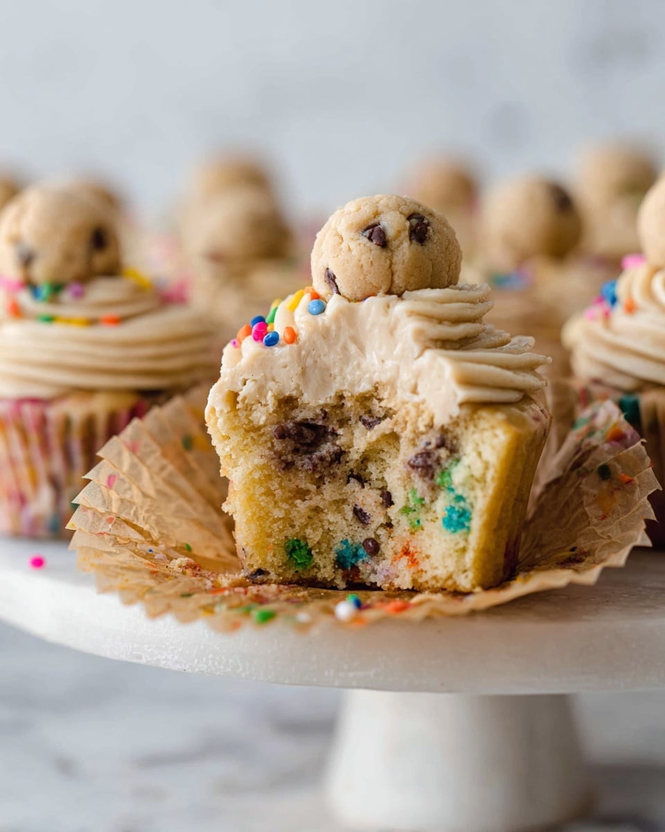 A close-up of a cupcake with three layers: the bottom layer is a light golden cake studded with colorful sprinkles and tiny chocolate chips, visible because the cupcake liner is peeled back and a bite is taken out showing its soft, moist texture; the middle layer is thick, creamy, beige frosting with a smooth, slightly ridged surface; the top layer is a small ball of cookie dough sitting on the frosting. The cupcake is on a white cake stand covered partly with crumpled brown paper, and in the background, there are many similar cupcakes blurred out on a white marbled surface. photo taken with an iphone --ar 4:5 --v 7