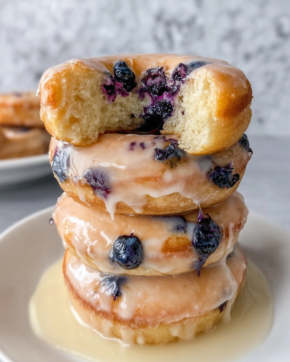 A stack of three thick blueberry glazed donuts sits on a white plate, layered with a shiny, light beige glaze that drips smoothly down the sides. The top donut is broken in half, revealing a soft, fluffy interior with visible dark purple blueberries baked inside. The donuts have a light golden-brown color with a slightly spongy, moist texture. The glaze has a slightly translucent shine, pooling around the base of the bottom donut on the plate. The setting includes a white marbled texture surface in the background. Photo taken with an iphone --ar 4:5 --v 7