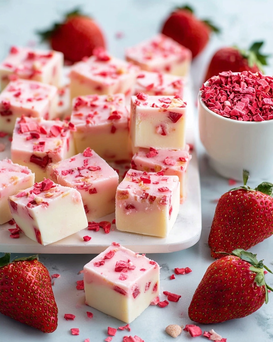 The image shows small square pieces of fudge arranged both on a white plate and on a white marbled surface. Each fudge piece has two layers: the bottom layer is creamy white and smooth, while the top layer is pink with visible bits of red strawberry pieces mixed in and sprinkled on top. Scattered around the fudge pieces are fresh, whole strawberries with green leaves, and there is a small white bowl filled with crushed freeze-dried strawberries. The whole scene is bright and colorful with a fresh and inviting look. photo taken with an iphone --ar 4:5 --v 7