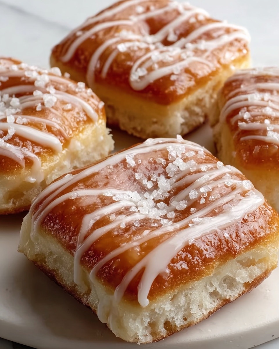 The image shows three square doughnuts with a thick, golden-brown glaze on top. Each doughnut has a soft, light beige base layer with a slightly airy texture. The top layer is covered with a shiny caramel-like glaze that has white icing drizzled over in thin, uneven stripes. Small white sugar crystals are sprinkled on top of the glaze, adding a crunchy texture. The doughnuts are placed on a flat, white plate, resting on a white marbled surface. photo taken with an iphone --ar 4:5 --v 7