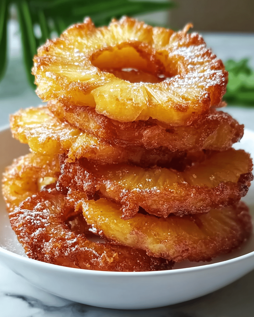 A stack of deep-fried pineapple rings is placed in a white bowl on a white marbled surface. Each ring is golden brown with a crispy texture on the edges, showing a mix of light yellow and caramelized brown colors. The pineapple rings are layered unevenly, with some rings overlapping others, and the outer edges have a slightly crunchy look. There is a sprinkle of fine white powder on top of the pineapple rings, adding a soft contrast to the crispy texture. The background is softly blurred with hints of green leaves visible in the distance. photo taken with an iphone --ar 4:5 --v 7