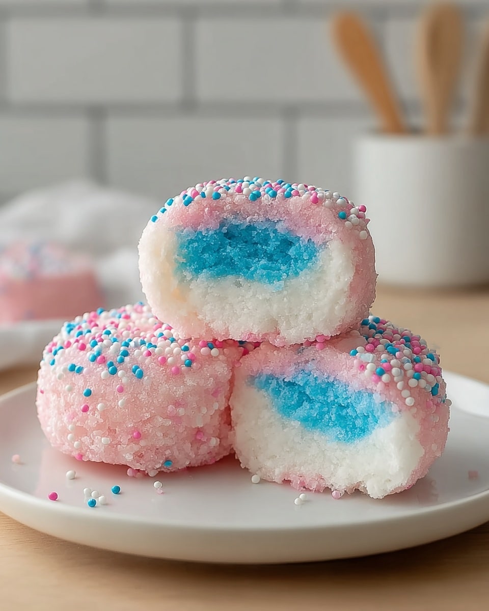 Three round sweets sit stacked on a white plate with one on top and two below. Each sweet has an outer layer of pink with small round sprinkles in blue, white, and pink scattered across its rough texture. The middle layer is white and slightly uneven, forming a border around the bright blue center, which looks soft and moist. The background shows a white marbled surface and a soft blur of kitchen utensils. Photo taken with an iphone --ar 4:5 --v 7