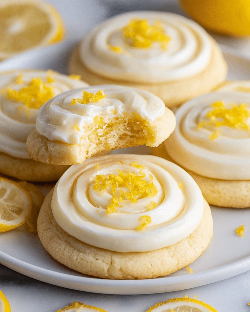 The image shows a close-up of several round lemon sugar cookies on a white plate, placed on a white marbled surface. Each cookie has two layers: a thick, soft yellow cookie base and a smooth, creamy white frosting swirled on top in a circular pattern. On the top center of each cookie, there is a small pile of bright yellow lemon zest as decoration. One cookie is slightly raised and has a bite taken out, revealing its soft and crumbly texture inside. Scattered lemon zest and sliced lemon halves are visible around the plate, adding to the fresh and citrusy feeling of the image. Photo taken with an iphone --ar 4:5 --v 7