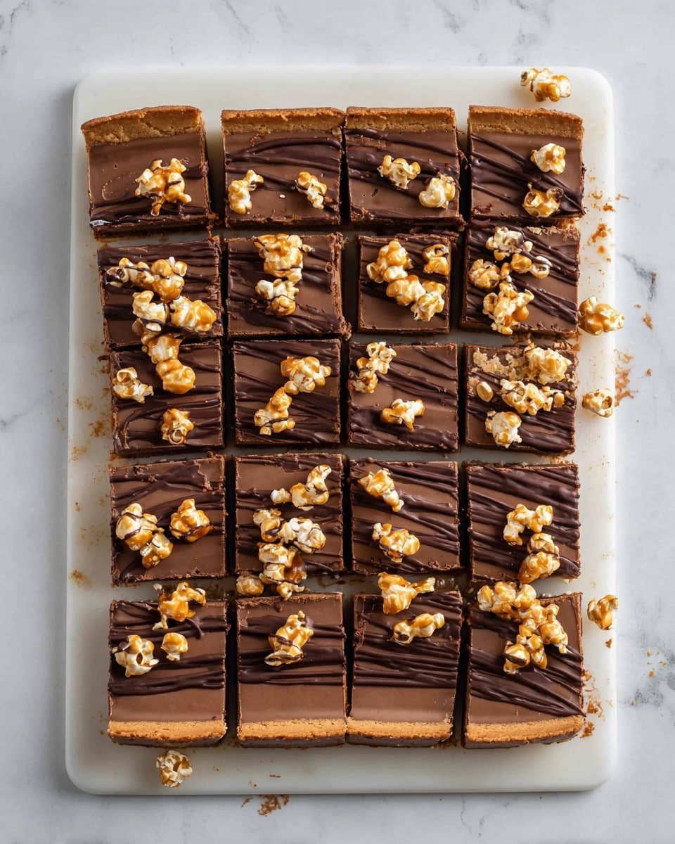 A rectangular chocolate dessert cut into fifteen square pieces arranged in a 3x5 grid on a white cutting board, placed on a white marbled surface. The dessert has three visible layers: a thick golden-brown crust on the bottom, a smooth milk chocolate middle layer, and a glossy dark chocolate drizzle forming mostly border lines on top. Scattered on the surface are clusters of light tan caramel popcorn and some chopped nuts, adding texture and contrast. There are a few crumbs around the edges, and the pieces vary slightly in topping distribution. photo taken with an iphone --ar 4:5 --v 7