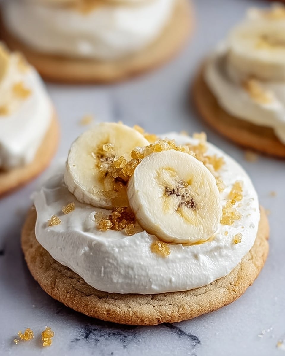A close-up of a round cookie with a lightly cracked light brown base. On top of the cookie is a thick layer of white whipped cream, unevenly spread to form a soft mound. Two thick banana slices, pale yellow with a slightly translucent center and dark seeds, sit side by side on the cream. Golden brown sugar crystals are sprinkled over the whipped cream and banana slices, with a few scattered around the cookie on a white marbled surface. In the background, out-of-focus similar cookies can be seen. Photo taken with an iphone --ar 4:5 --v 7