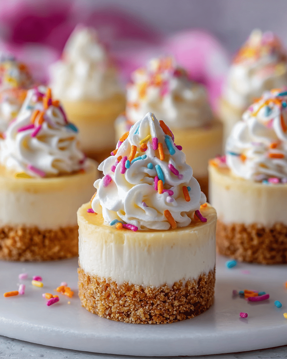 This image shows a close-up of a small round dessert with three visible layers. The bottom layer is thick and golden-brown, made of crumbly crust with a rough texture. The middle layer is a smooth, creamy white cheesecake filling, slightly taller than the crust. The top layer is a swirl of white whipped cream that forms a pointed peak, decorated with colorful sprinkles in pink, orange, yellow, and blue. Several similar desserts are blurred in the background, all placed on a glossy white marbled surface. photo taken with an iphone --ar 4:5 --v 7