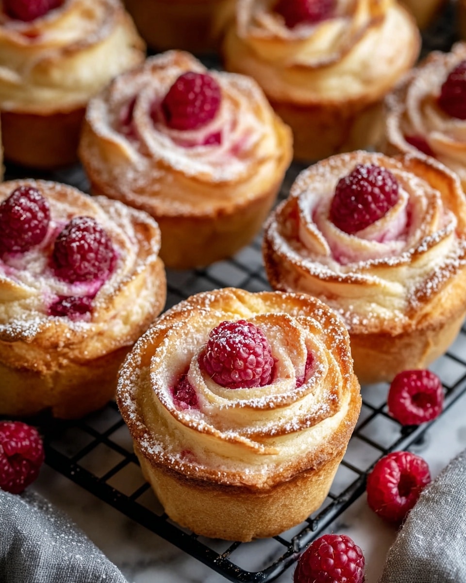 Several raspberry rose muffins are shown closely together on a black cooling rack over a white marbled surface. Each muffin is about three layers deep with a golden-brown, flaky base layer, a middle layer of a delicate pinkish raspberry filling, and the top layer shaped like a rose with thin, light golden-brown pastry petals swirled around two fresh raspberries in the center. Powdered sugar is lightly dusted over the tops, adding a white contrast to the warm tones. Entire scene includes a few scattered fresh raspberries and a soft grey cloth partially visible at the bottom right photo taken with an iphone --ar 4:5 --v 7
