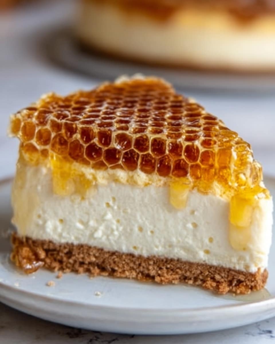 A slice of honeycomb cheesecake is shown on a white plate, placed on a white marbled surface. The bottom layer is crumbly and brown, forming the crust. Above it is a thick, creamy white cheesecake layer with a smooth texture. On top of the cheesecake, there is a thick honeycomb layer that is golden brown and filled with honey in the small hexagonal cells. The honey shines, making the top layer look sticky and fresh. photo taken with an iphone --ar 4:5 --v 7
