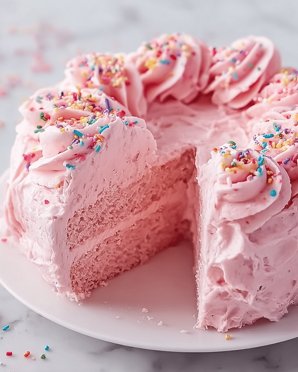 The image shows a round pink cake with one slice cut out, revealing two layers of soft pink sponge inside. The cake is fully covered with thick, light pink frosting that has a fluffy texture, decorated with swirls on top. Colorful small round sprinkles sit on the top and some on the swirls, adding a playful look. The cake is placed on a white plate resting on a white marbled surface. Photo taken with an iphone --ar 4:5 --v 7
