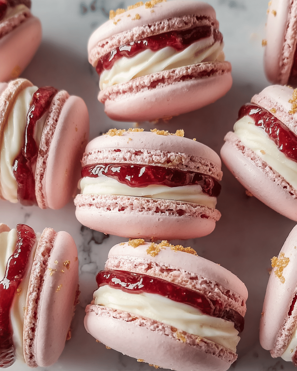 The image shows several pink macarons with a smooth, slightly shiny shell and delicate, ruffled edges. Each macaron has three visible layers: the top and bottom shells are pastel pink with small air bubbles and a crisp texture, the middle layer is creamy white filling that looks soft and smooth, and just above or below this cream, there is a thick layer of bright red jam that appears glossy and sticky. Some macarons have small golden crumbs sprinkled on the creamy edges. They are placed closely together on a surface with white marbled texture. photo taken with an iphone --ar 4:5 --v 7
