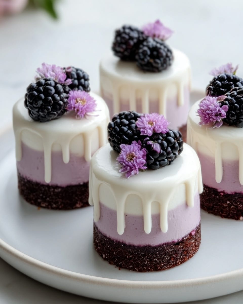 The image shows four small cakes placed on a white plate on a white marbled surface. Each cake has three layers: the bottom layer is dark brown and crumbly, the middle layer is light purple and smooth, and the top layer is white with a creamy texture that drips slightly down the sides. On top of each cake are three blackberries and a small purple flower for decoration. Photo taken with an iphone --ar 4:5 --v 7