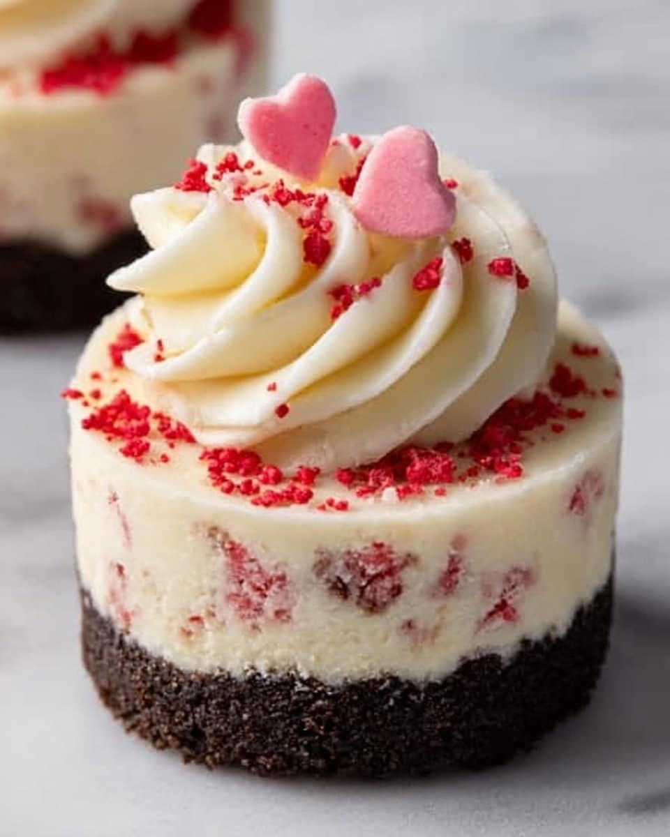 The image shows a single small cheesecake with three distinct layers. The bottom layer is dark brown and crumbly, looking like a chocolate cookie crust. The middle layer is thick and creamy white with small pink-red bits spread evenly inside. On the top, there is a swirl of smooth white cream, decorated with two small pink heart-shaped toppings and some red crumbs sprinkled around. The dessert sits on a white marbled surface. Photo taken with an iphone --ar 4:5 --v 7
