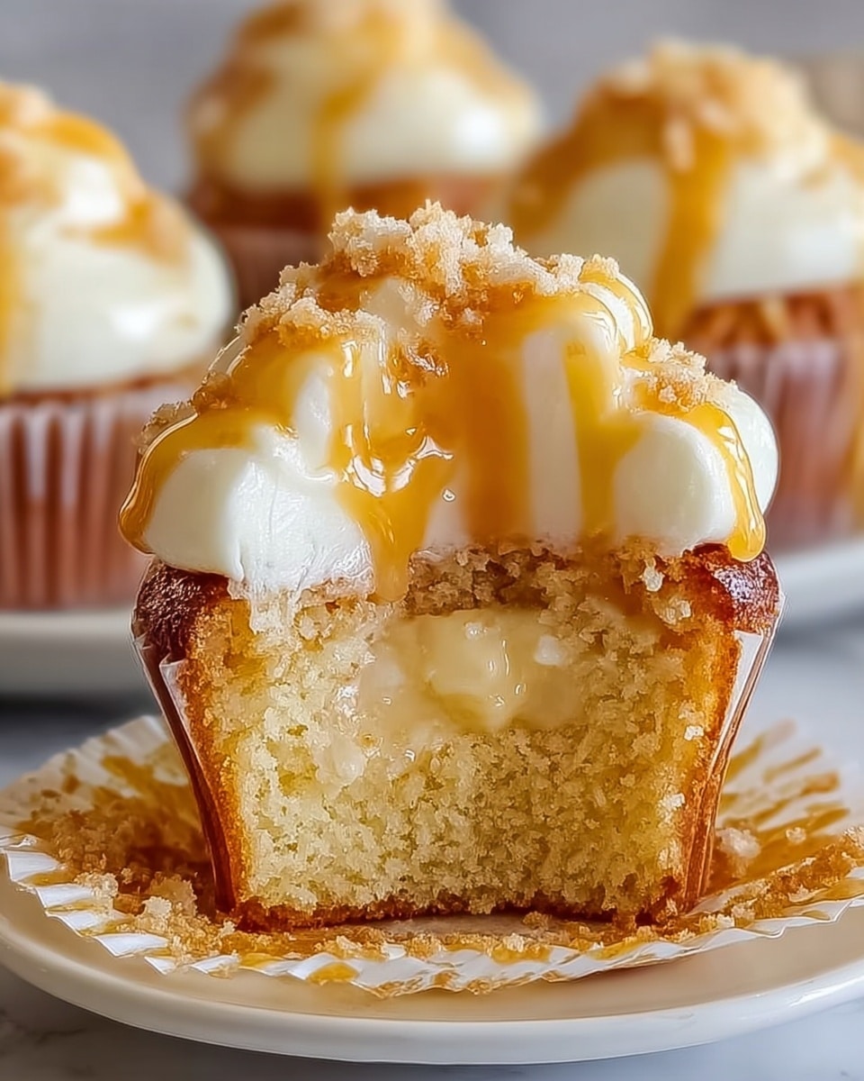 A close-up of a single cupcake cut in half, showing three main layers: the bottom layer is a light golden-brown cake with a soft, crumbly texture; the middle layer is a thick, creamy filling in pale yellow that looks smooth and glossy; the top layer is a thick, white frosting with a glossy surface that slightly drips down the sides, topped with a golden caramel sauce drizzled unevenly and small crumb pieces on top. The cupcake is in a white paper liner, placed on a white plate with a white marbled surface background. Other similar cupcakes slightly out of focus are visible in the background. Photo taken with an iphone --ar 4:5 --v 7