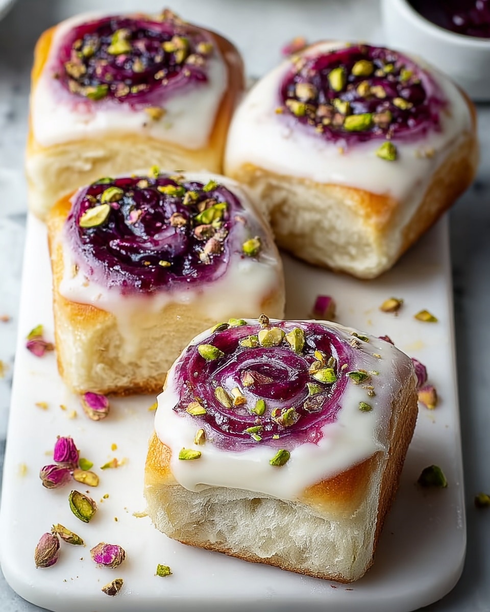 The image shows four square-shaped sweet rolls on a white tray with a white marbled texture surface. Each roll has three layers: a soft, light golden-brown bread base, a white smooth icing layer spread thickly on top, and a glossy deep purple jam swirl in the center. The purple jam is garnished with small chopped green pistachio nuts and a few delicate dried rose petals scattered around on the tray. The rolls have a fluffy texture with slightly browned edges. Photo taken with an iphone --ar 4:5 --v 7