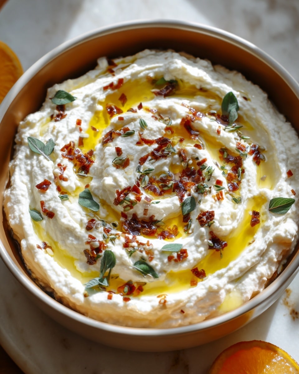 The image shows a close-up of a white bowl filled with a creamy white dip that has a soft, fluffy texture, swirled around in even layers from the outside toward the center. On top of the dip, there is a drizzle of golden yellow olive oil in a spiral pattern, and small bits of reddish-brown crispy flakes scattered mainly in the middle. There are also small green leaves sprinkled across the surface, adding a fresh touch. The bowl sits on a white marbled surface with a warm light shining from the side, casting soft shadows. Photo taken with an iphone --ar 4:5 --v 7