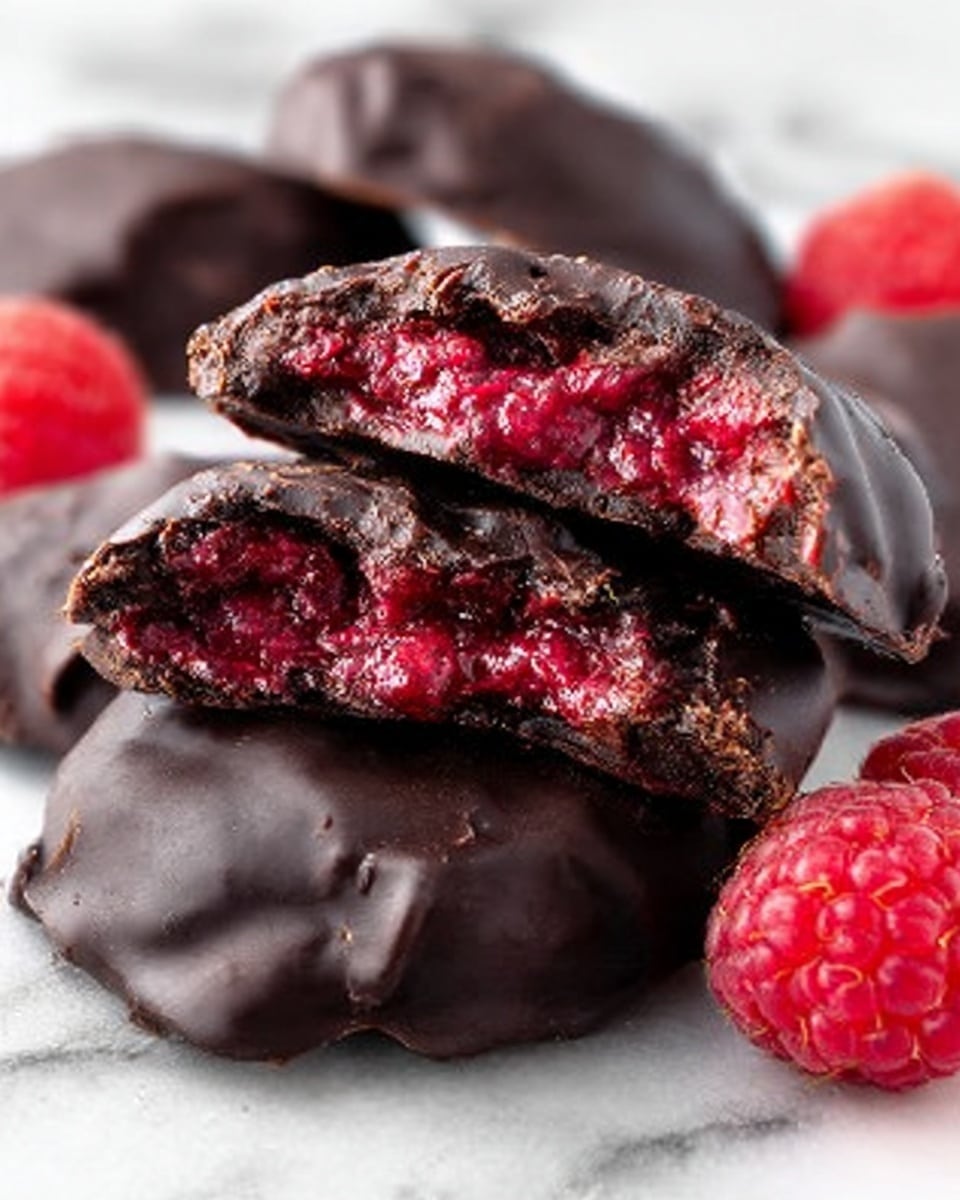 The image shows a close-up of several dark chocolate-covered raspberry treats stacked on a white marbled surface. Each piece has a thick, glossy outer layer of dark chocolate with a rough texture, slightly cracked on top to reveal a bright red, juicy raspberry filling inside. The filling looks soft and rich, contrasting with the smooth and firm chocolate shell. On the side, a few fresh raspberries are placed, adding a pop of vibrant red color to the scene. The photo taken with an iphone --ar 4:5 --v 7