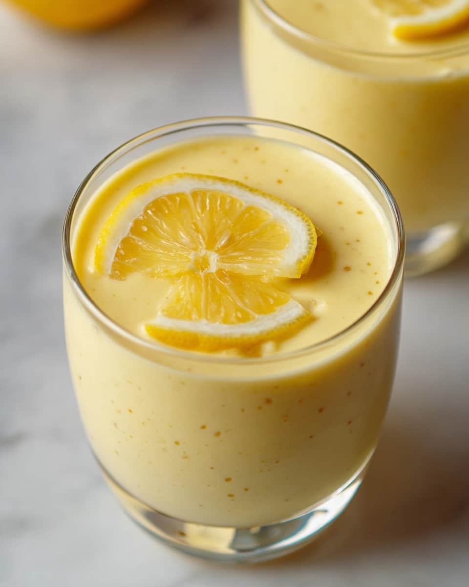 A close-up view of a creamy yellow smoothie served in a clear glass. The smoothie has a smooth, thick texture with small bubbles and specks visible throughout. On top, there are two thin lemon slices placed gently, showing bright yellow color with white edges from the rind. The glass is set on a white marbled surface that adds a clean and fresh look to the image. In the background, another glass with the same smoothie is partially visible, slightly out of focus. Photo taken with an iphone --ar 4:5 --v 7
