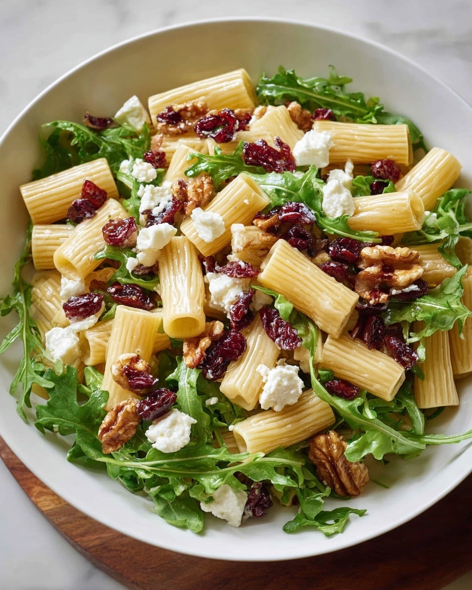 A white bowl filled with a pasta salad showing three main layers: at the bottom, bright green arugula leaves create a fresh, leafy base; on top of the greens sit short, tube-shaped rigatoni pasta pieces in pale yellow, arranged evenly; scattered throughout are chunks of white feta cheese, reddish dried cranberries, and pieces of brown walnut, adding texture and color contrast. The bowl is placed on a white marbled surface, with warm natural lighting highlighting the fresh ingredients. photo taken with an iphone --ar 4:5 --v 7