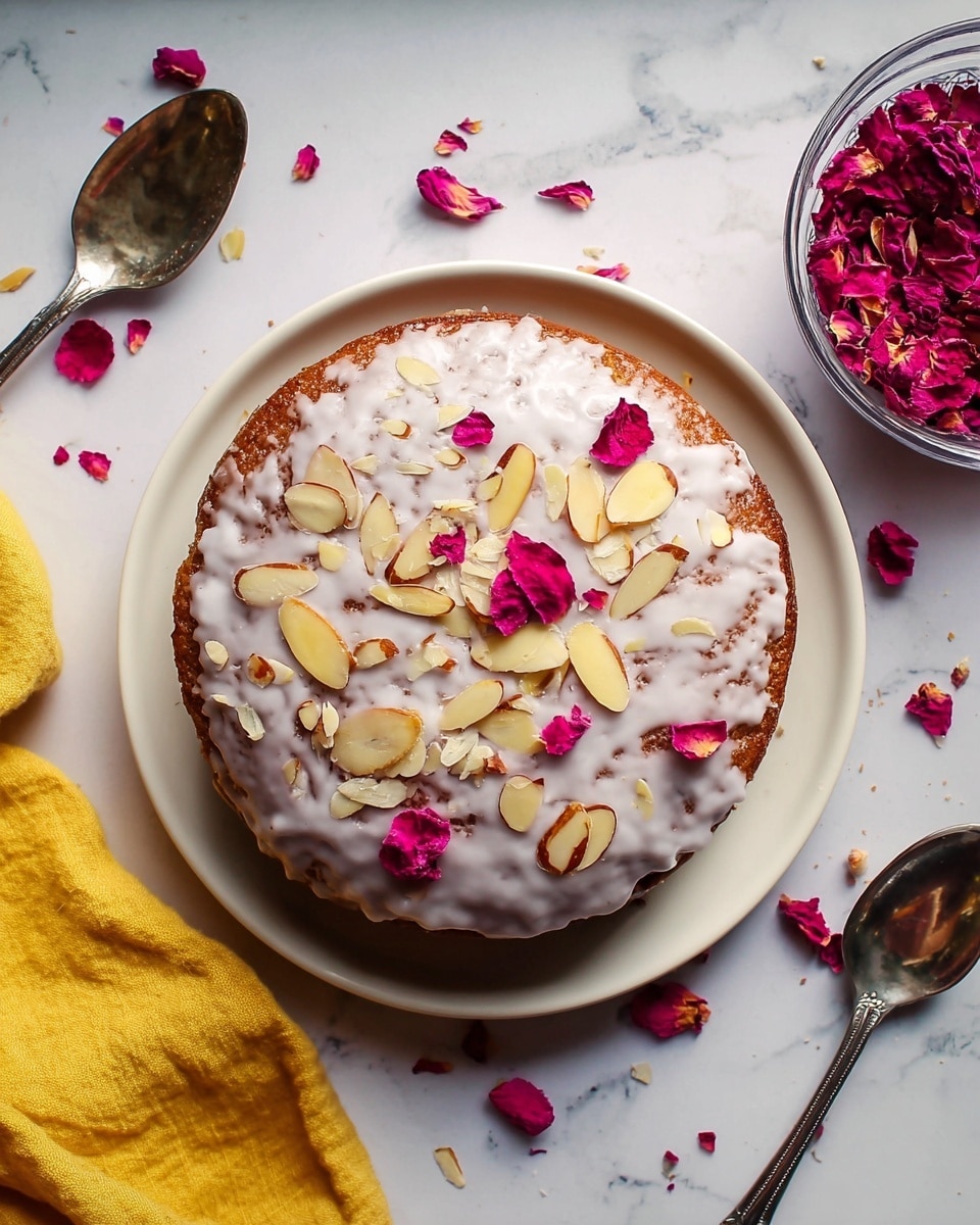 A single round cake sits on a white plate placed on a white marbled surface. The cake has one visible layer with a light brown base covered unevenly with a smooth, white icing. On top, there are scattered thin, pale yellow almond slices and bright pink dried flower petals that add color contrast. Around the cake, more almond slices and flower petals are spread casually on the surface. To the right of the cake, there is a clear glass bowl filled with more bright pink dried flower petals. A shiny silver spoon lies near the bowl, reflecting light. A yellow cloth is partially visible at the bottom left corner of the image. photo taken with an iphone --ar 4:5 --v 7
