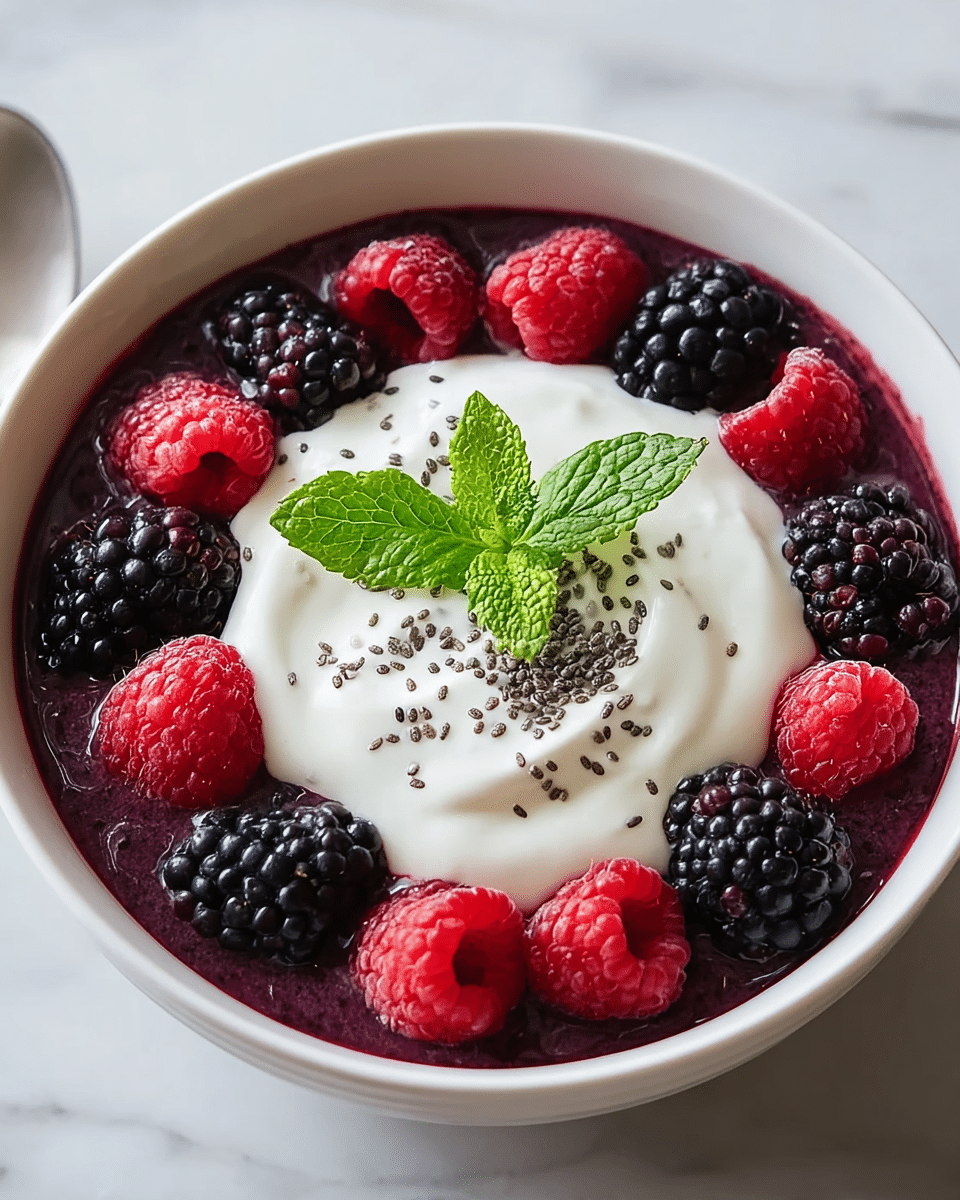 A white bowl contains a layered dessert starting with a deep purple berry sauce filling the base, surrounded by a ring of fresh raspberries and blackberries that alternate around the edge. In the center, there is a smooth dollop of white cream with small black chia seeds sprinkled on top. A bright green sprig of mint with three leaves sits neatly on the cream, adding a fresh pop of color. The bowl is placed on a white marbled surface. photo taken with an iphone --ar 4:5 --v 7