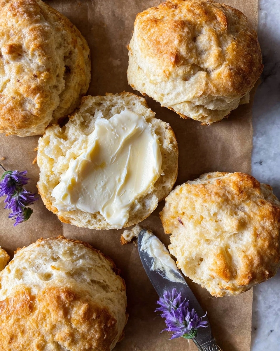 The image shows several golden-brown biscuits with a slightly rough texture sitting on a brown parchment paper on a white marbled surface. One biscuit in the center is split open revealing a soft, fluffy white inside with a thick layer of pale cream butter spread unevenly on the bottom half. A small sprig of purple flowers lies near the biscuits adding a touch of color to the scene, and a silver butter knife rests to the right side of the split biscuit. The lighting highlights the crisp tops and soft insides of the biscuits. photo taken with an iphone --ar 4:5 --v 7