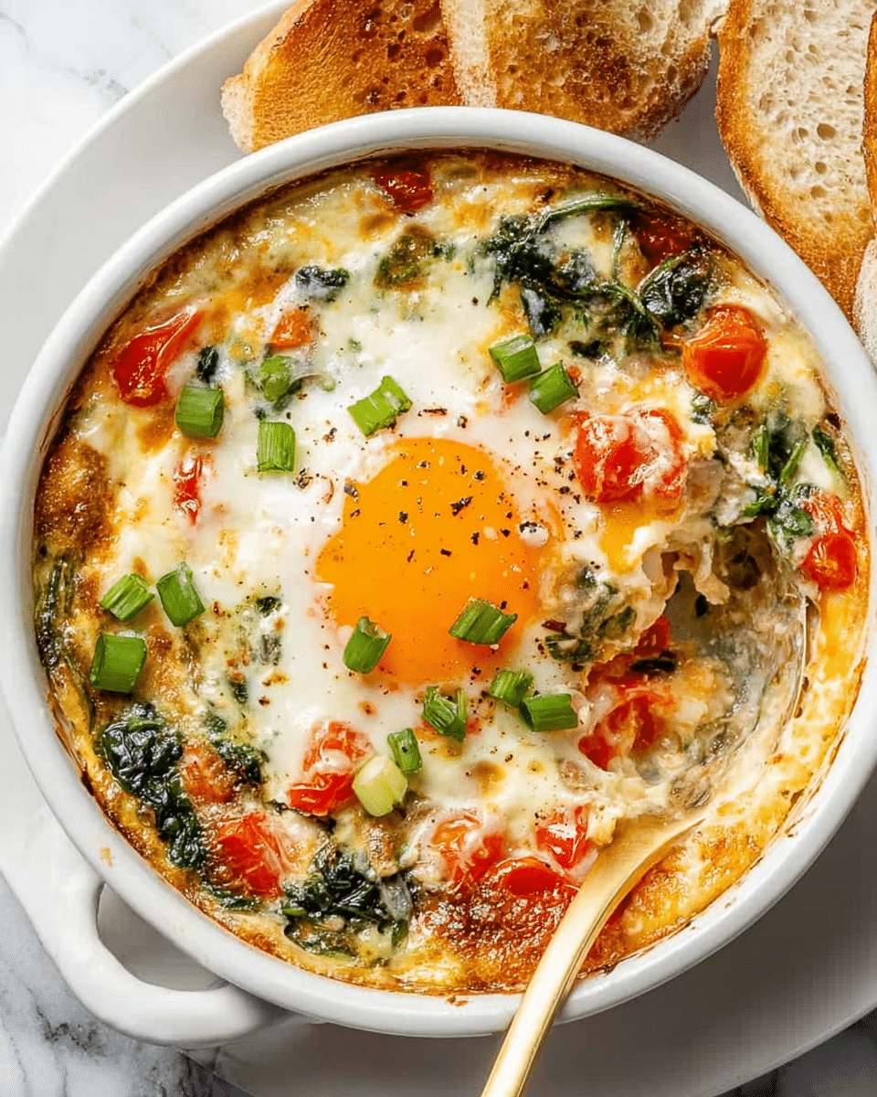 A white round baking dish filled with a cooked egg dish, showing a bright orange yolk sitting on top of white cooked egg whites, surrounded by a mixture of creamy melted cheese and vegetables like green spinach, red cherry tomatoes, and small red bell pepper pieces. Chopped green onions are sprinkled over the whole dish, adding freshness and color contrast. The edges have a lightly browned, bubbling texture from the melted cheese and cooked vegetables. A golden spoon is placed inside the dish, scooping some of the mixture. The dish is placed on a white marbled surface with light toasted bread slices partially visible on the side. photo taken with an iphone --ar 4:5 --v 7