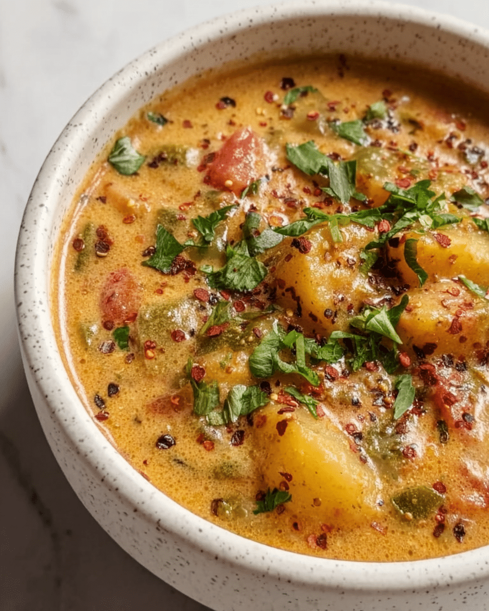 A close-up of a bowl of thick soup with a creamy, orange-brown base, filled with chunks of yellow vegetables and visible red tomato pieces. The surface is sprinkled with bright green chopped herbs and crushed red spice flakes, adding texture and color contrast. The white speckled bowl sits on a white marbled surface, highlighting the warm tones of the soup. Photo taken with an iphone --ar 4:5 --v 7