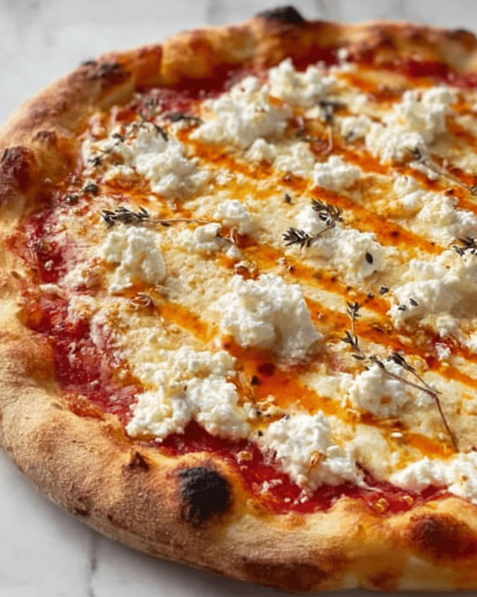 A close-up view of a round pizza showing a crisp, golden brown crust with slightly charred edges. The pizza is topped with a thin layer of red tomato sauce spread evenly across the base. Generous dollops of creamy white ricotta cheese are scattered on top, creating soft, fluffy patches. Thin orange streaks of sauce or oil are drizzled in parallel lines across the cheese. Small bits of dried herbs, likely thyme, are sprinkled evenly over the surface. The pizza is placed on a white marbled surface. Photo taken with an iphone --ar 4:5 --v 7