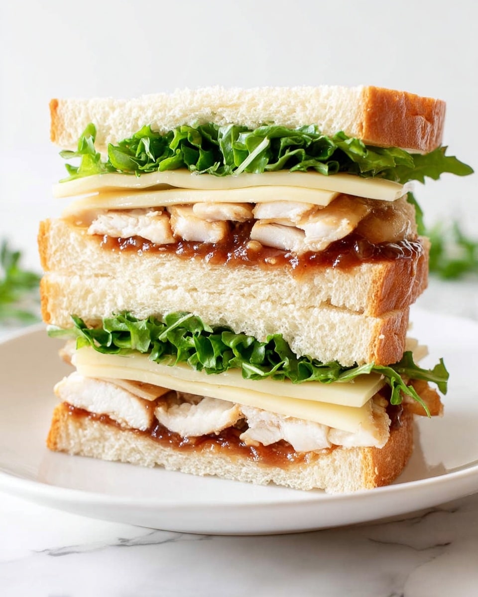A sandwich cut in half and stacked vertically on a white plate, resting on a white marbled surface. Each half shows three main layers inside two slices of soft, light tan bread: at the bottom, a layer of reddish-brown sauce spread evenly; above that, a layer of cooked white chicken breast pieces; next, a thick slice of smooth, pale yellow melted cheese; and finally, a top layer of fresh, bright green leafy lettuce. The two halves are aligned, showing the layers clearly from the side. Photo taken with an iphone --ar 4:5 --v 7