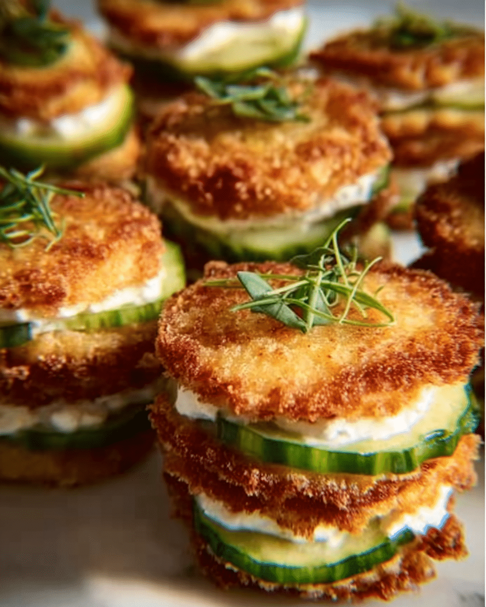 The image shows several small, round, stacked appetizers arranged closely together on a white marbled surface. Each stack has three layers: the bottom and top layers are golden brown and crispy, resembling fried or baked thin patties or rounds, with a rough, textured surface. The middle layer is creamy white, looking like soft cheese or cream, and sandwiched inside is a layer of green slices, likely cucumber, giving a fresh and smooth contrast. Each stack is topped with a small green herb sprig, adding a touch of color and freshness. The lighting is soft and natural, highlighting the crispy texture and fresh ingredients. Photo taken with an iphone --ar 4:5 --v 7
