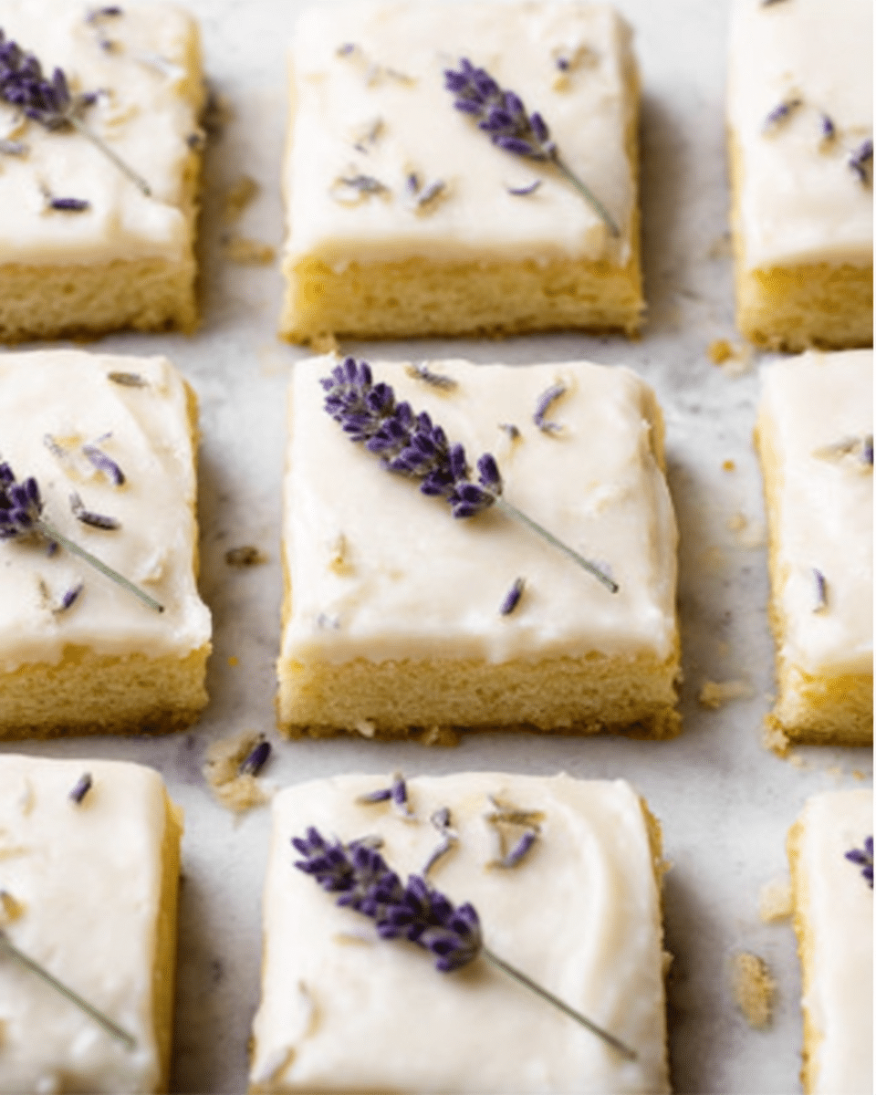 The image shows nine square frosted cookies arranged neatly in three rows on a white marbled surface. Each cookie has a thick layer of white frosting on top, speckled with small bits of dried lavender, and one cookie in the middle of the bottom row has a single whole lavender sprig placed on top. The cookies are pale yellow with a soft and smooth texture visible beneath the frosting. The lighting highlights the creamy frosting and the delicate lavender details, making the cookies look fresh and inviting. Photo taken with an iphone --ar 4:5 --v 7