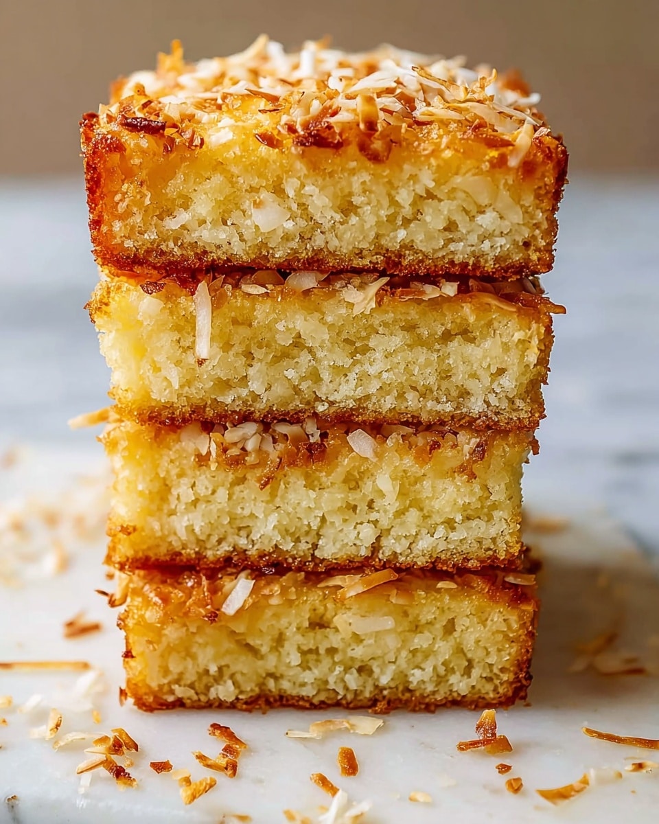 A close-up image of four thick slices of golden brown coconut cake stacked vertically on a white marbled surface. Each slice shows a moist, dense texture with toasted shredded coconut spread evenly on top and embedded in the cake layers. The coconut flakes on the surface are crispy and a light golden color, adding a crunchy contrast to the soft cake inside. Around the stack, scattered toasted coconut pieces enhance the fresh, homemade feel of the cake. photo taken with an iphone --ar 4:5 --v 7