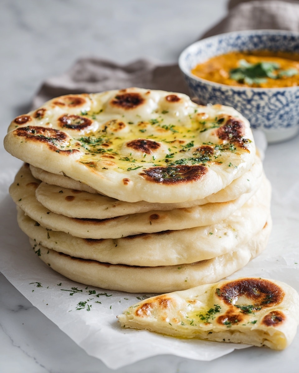 A stack of seven slightly browned, fluffy naan bread sits on white parchment paper on a white marbled surface. Each naan is round with puffed bubbles and golden char marks on top. The top naan is brushed with melted butter and sprinkled with green herbs. One triangular piece is cut and placed in front of the stack, also showing melted butter and herb details. A blue and white patterned bowl of orange curry with green garnish is visible in the background. Photo taken with an iphone --ar 4:5 --v 7