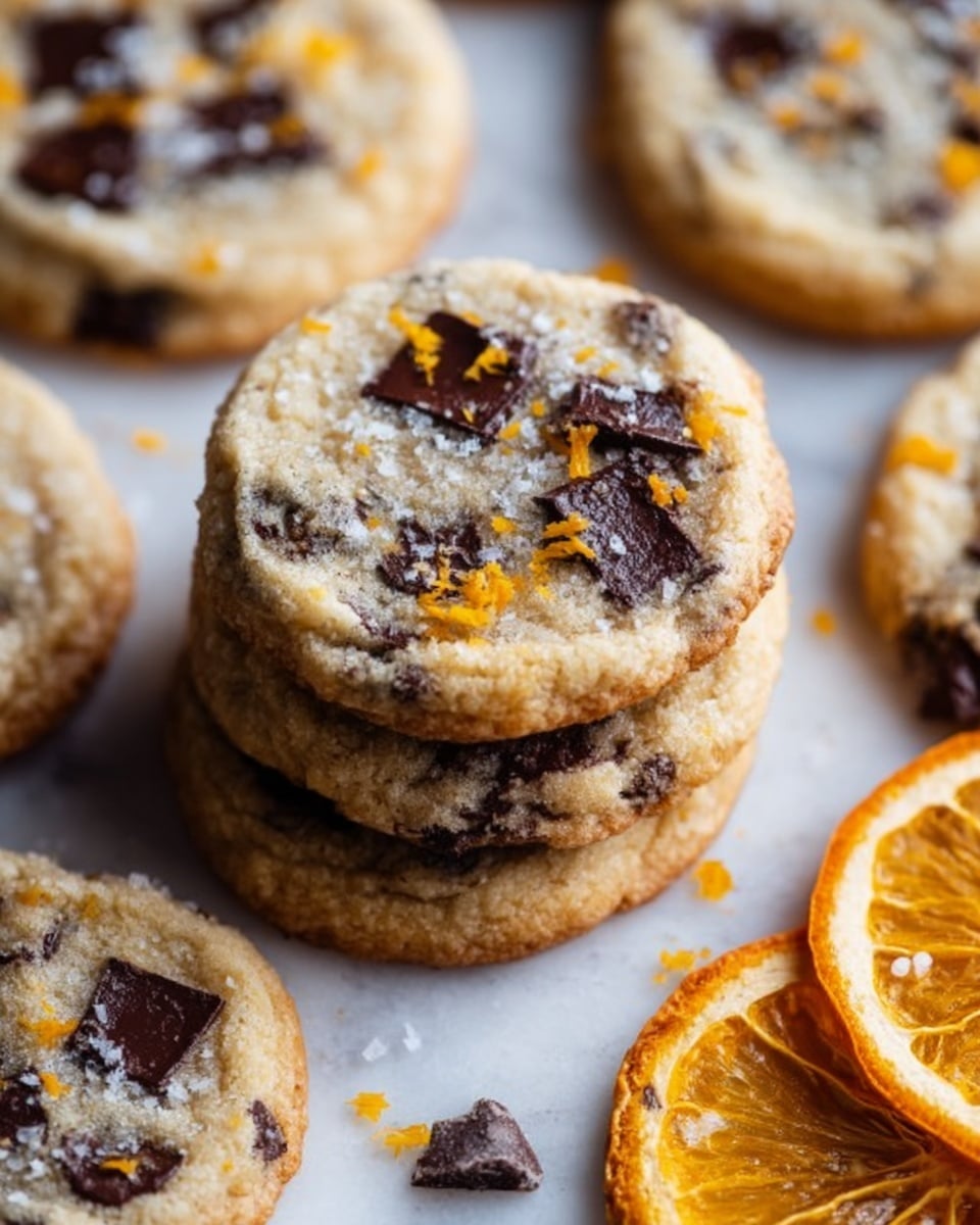A close-up view of soft chocolate chip cookies stacked in a small pile with visible dark chocolate chunks spread unevenly across their light golden surface, sprinkled with small orange zest bits and a few grains of coarse salt. The cookies are placed on a white marbled surface with more cookies scattered around them, and on the right side, there are thinly sliced dried orange pieces adding contrast with their bright orange color and textured peel. Photo taken with an iphone --ar 4:5 --v 7