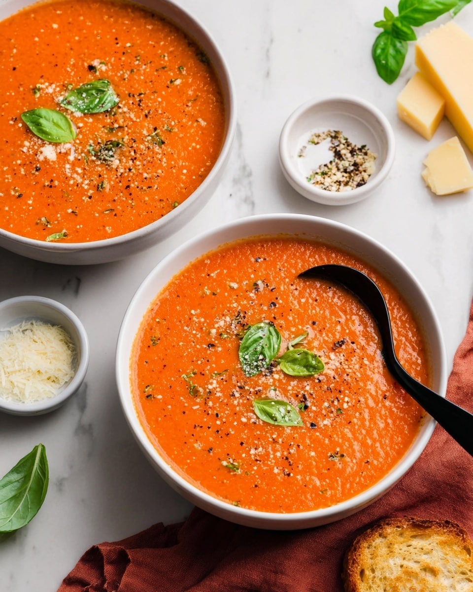 Two white bowls filled with bright orange tomato soup, each topped with small fresh green basil leaves and a sprinkle of black pepper and grated cheese. One bowl has a black spoon resting inside it. The soup looks smooth with tiny bits of herbs and cheese visible in the mix. Around the bowls, there are small white dishes holding grated cheese, black pepper, and two wedges of yellow cheese. The bowls and dishes are placed on a white marbled surface, with a reddish-brown cloth beside one bowl. A piece of toasted bread is visible at the bottom right corner of the image. Photo taken with an iphone --ar 4:5 --v 7